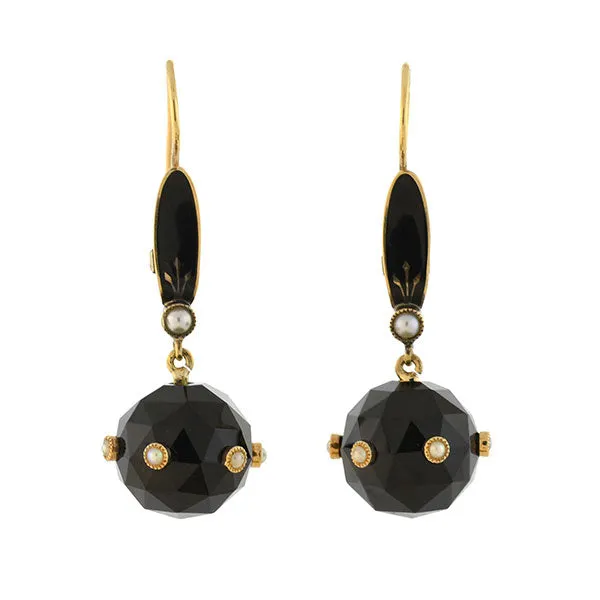 Victorian 14kt Faceted Onyx Sphere   Pearl Enameled Earrings