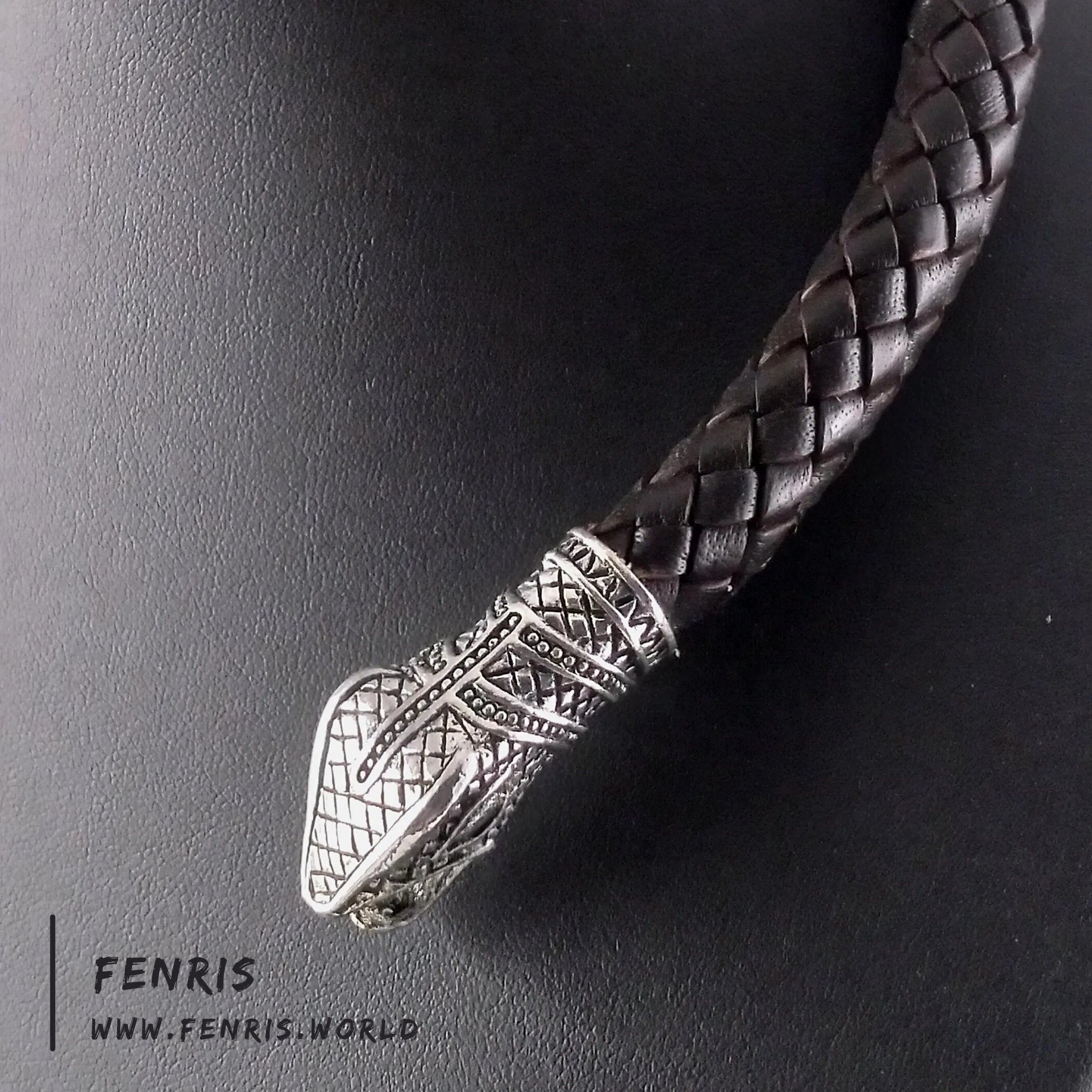 Viking Torc Silver Snake Black Leather | Fenris