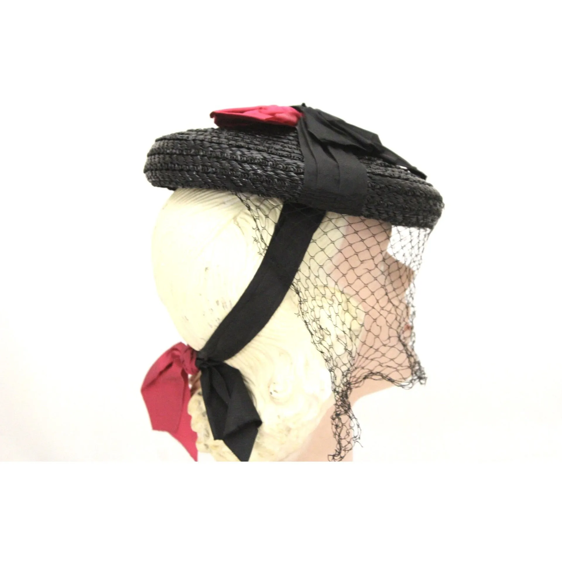 Vintage 1940s Fascinator Hat Black Straw Red Ribbon Veil WW2 O/S