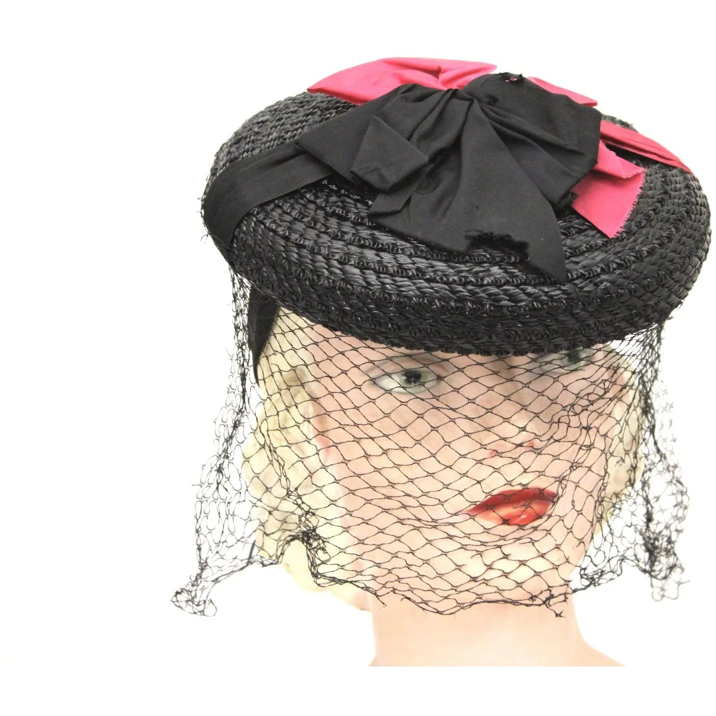 Vintage 1940s Fascinator Hat Black Straw Red Ribbon Veil WW2 O/S