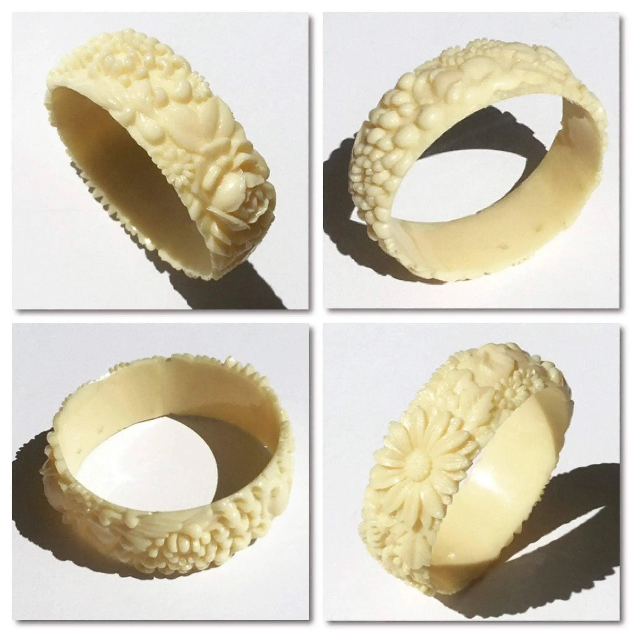 Vintage Celluloid Cream Double Elephant Flower Bangle