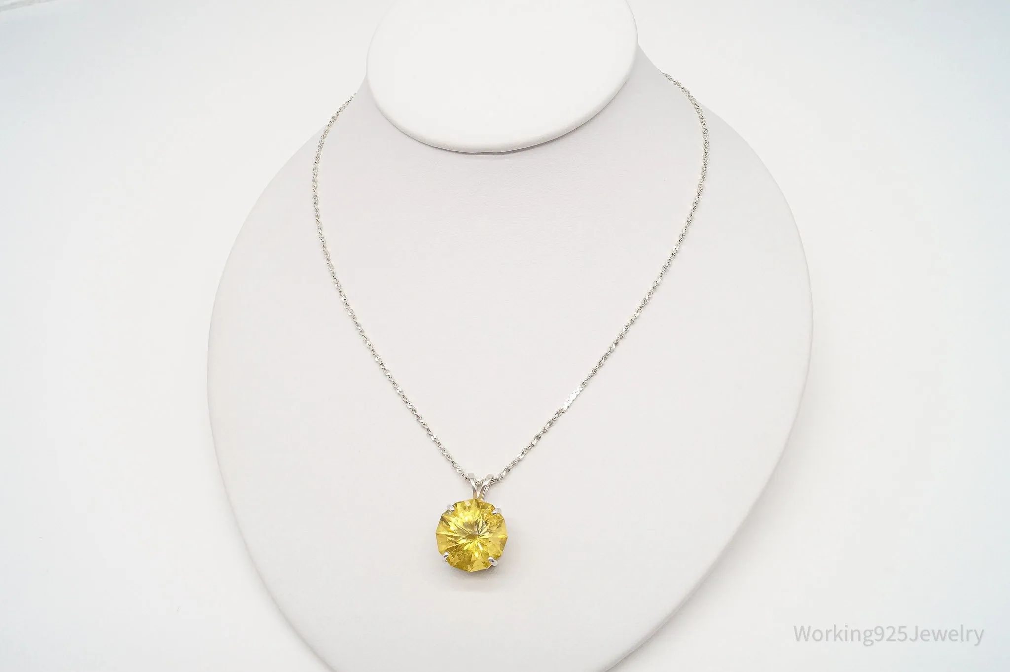 Vintage Large Yellow Simulated Citrine Sterling Silver Necklace 18"