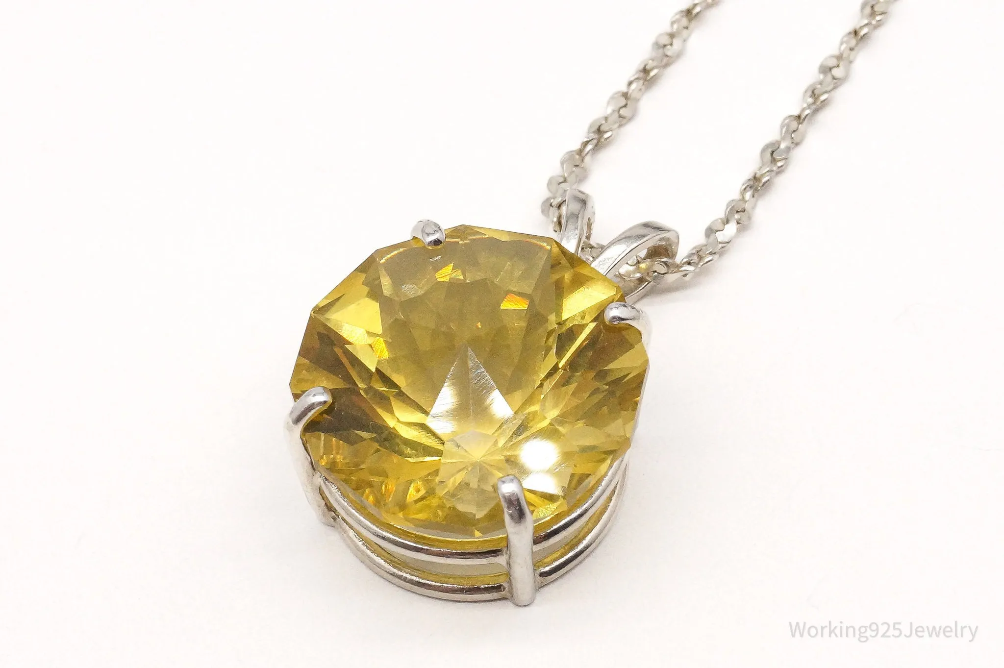 Vintage Large Yellow Simulated Citrine Sterling Silver Necklace 18"