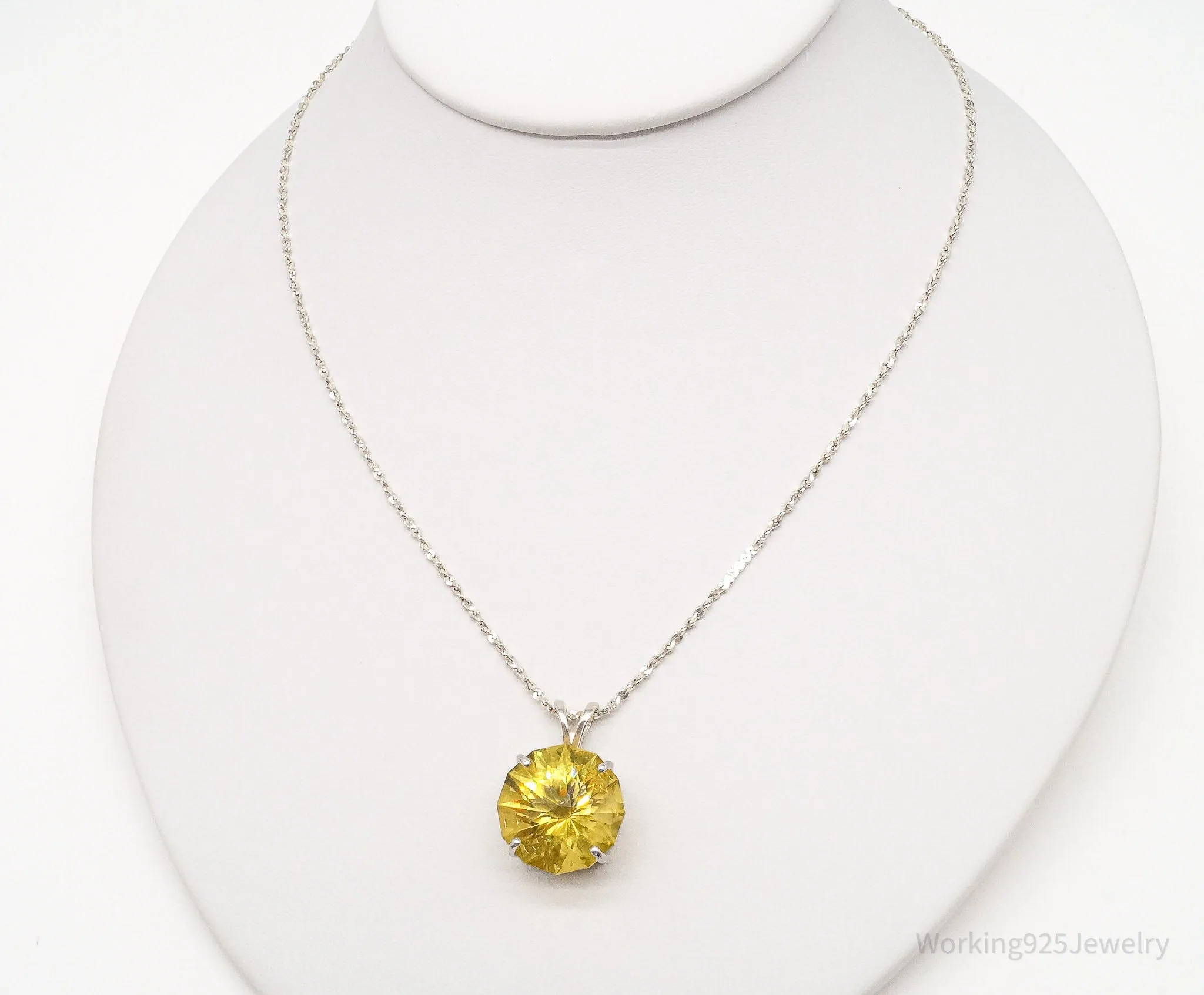 Vintage Large Yellow Simulated Citrine Sterling Silver Necklace 18"