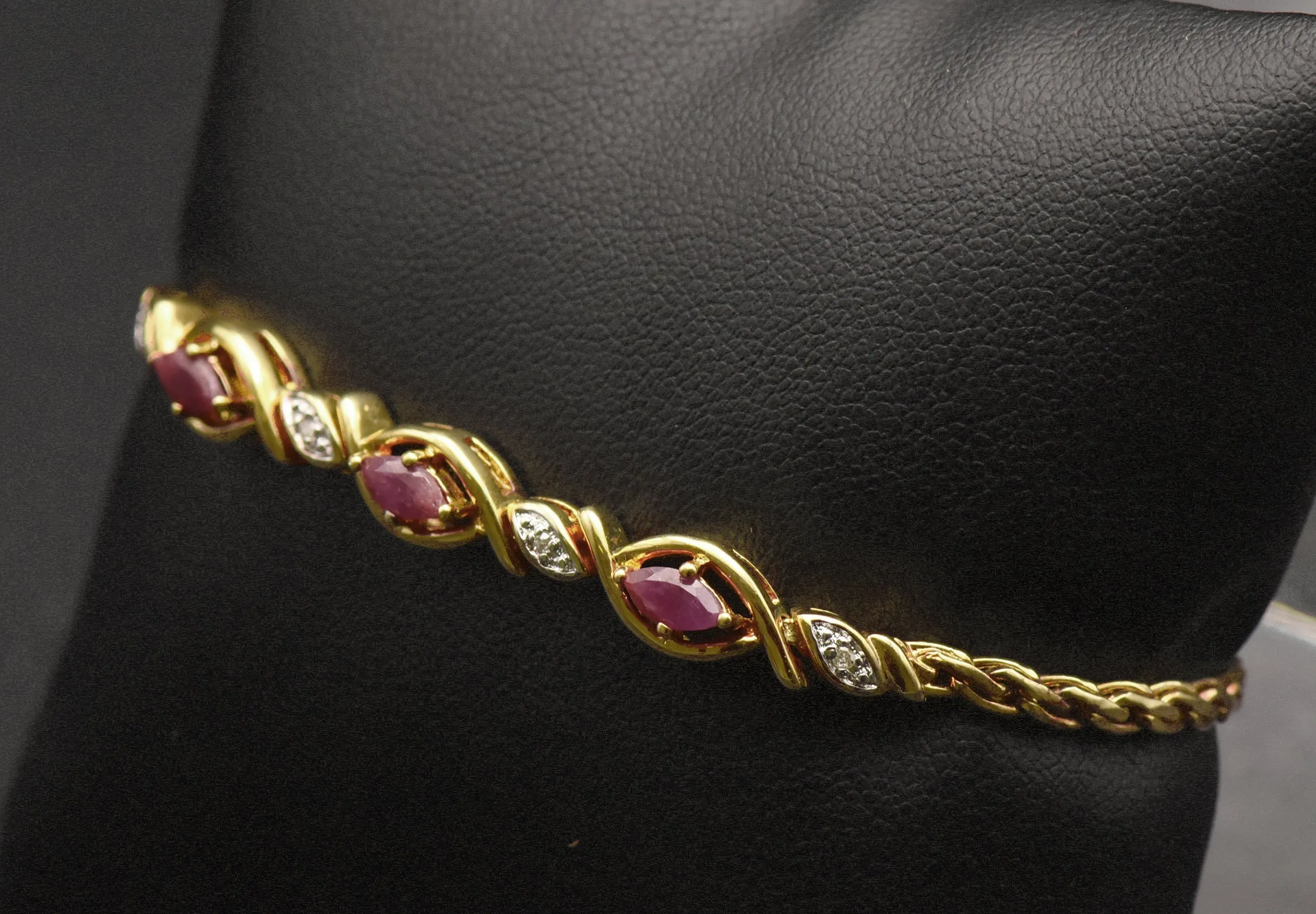 Vintage Rubies and Diamonds Gold Tone Sterling Silver Chain Bracelet - 7.25"