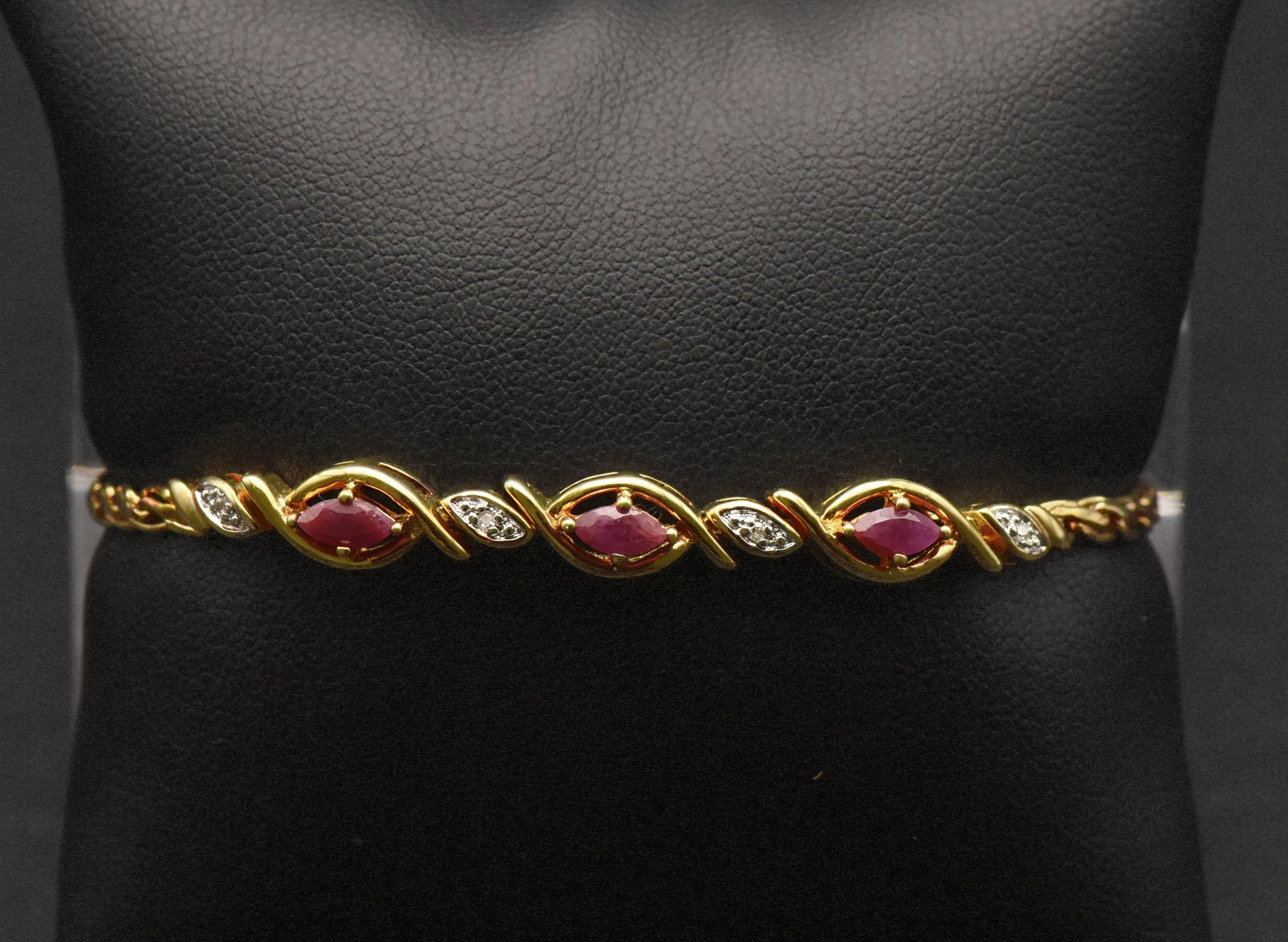 Vintage Rubies and Diamonds Gold Tone Sterling Silver Chain Bracelet - 7.25"