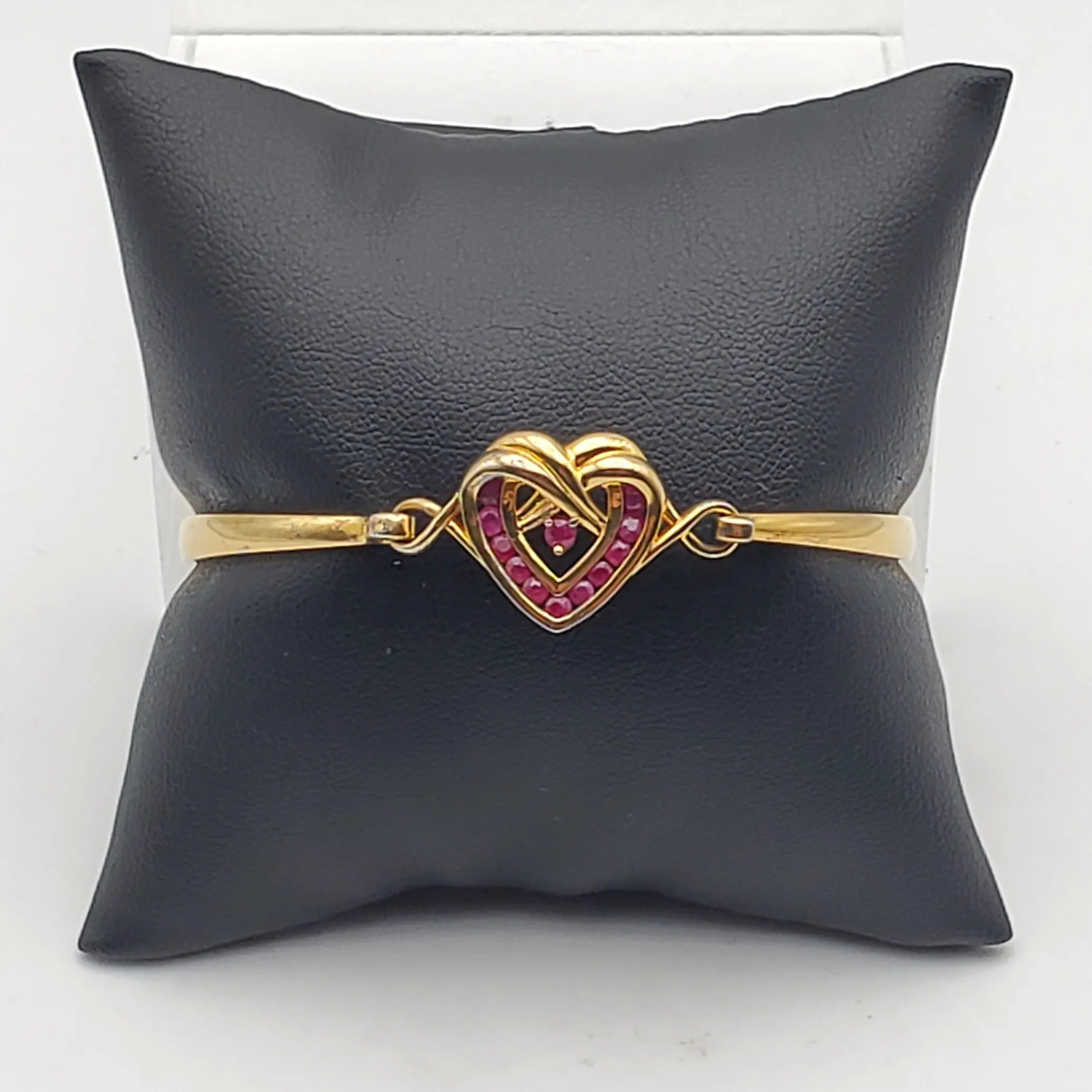 Vintage Ruby Heart Charm Gold Plated  Bangle Bracelet