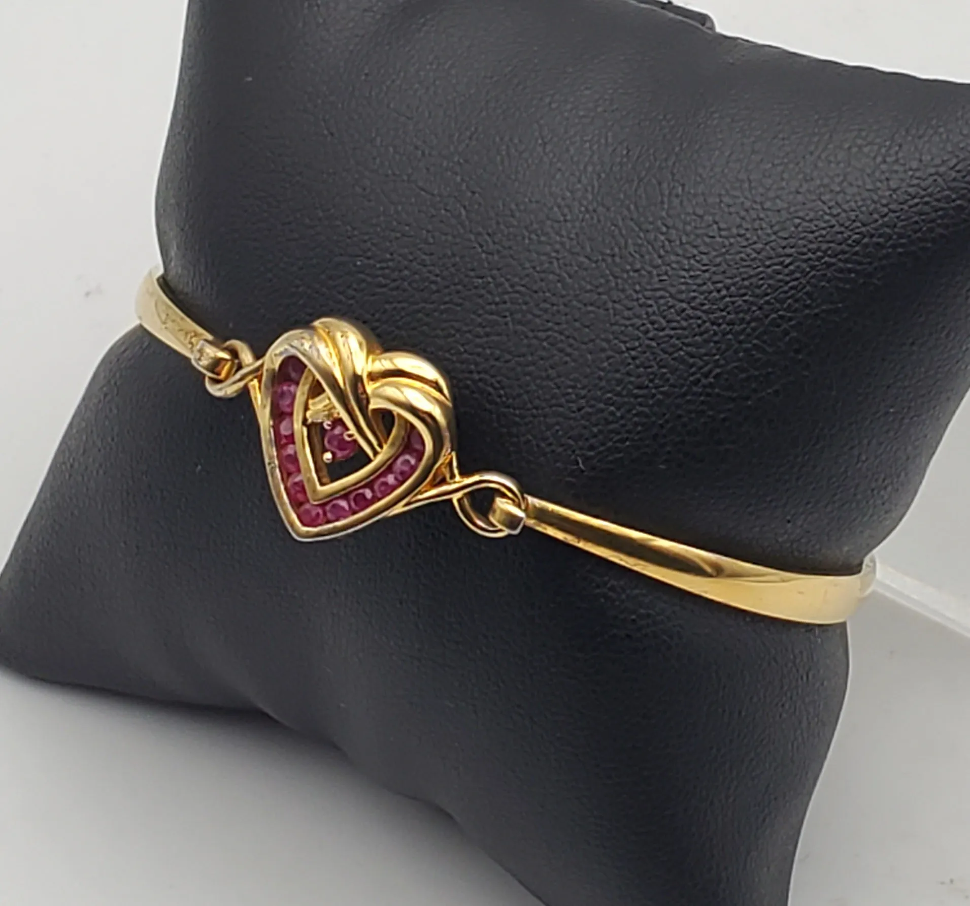 Vintage Ruby Heart Charm Gold Plated  Bangle Bracelet