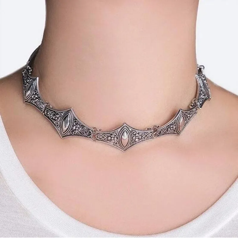 Wasteland Choker Tibetan Silver With Marquis Shape Silver Stones Perfect For Stacking Boho Necklaces