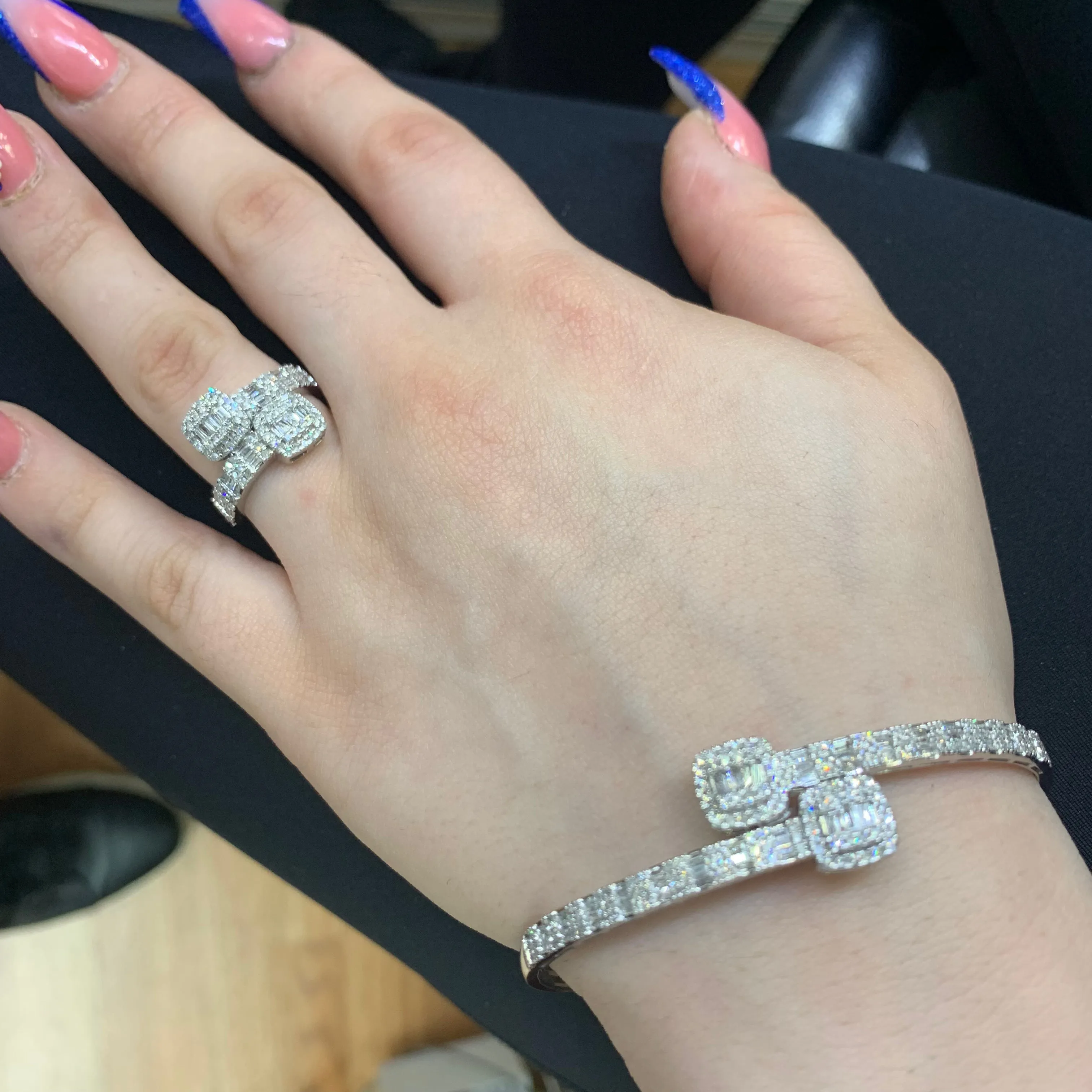 White Gold and Diamond Twin Squares Cuff Bracelet and Ring Set