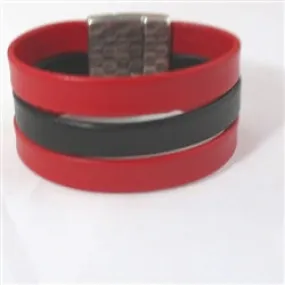 Wide Red & Black Triple Strand Leather Cuff Bracelet