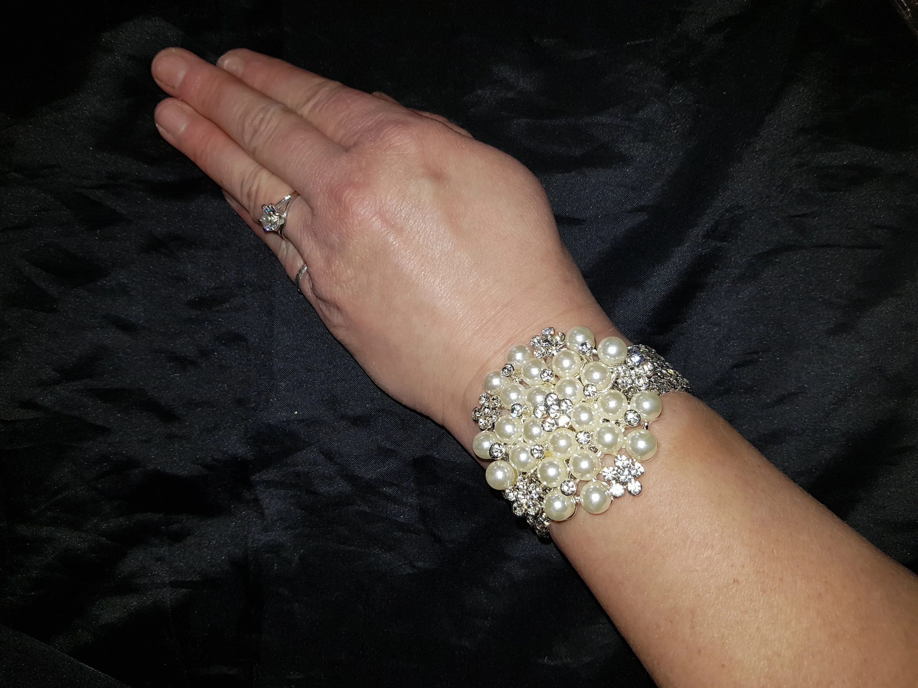 Wrist corsage ,Crystal & Pearl Wedding Cuff, bridesmaid Bracelet,  silver. gold or rose gold tone