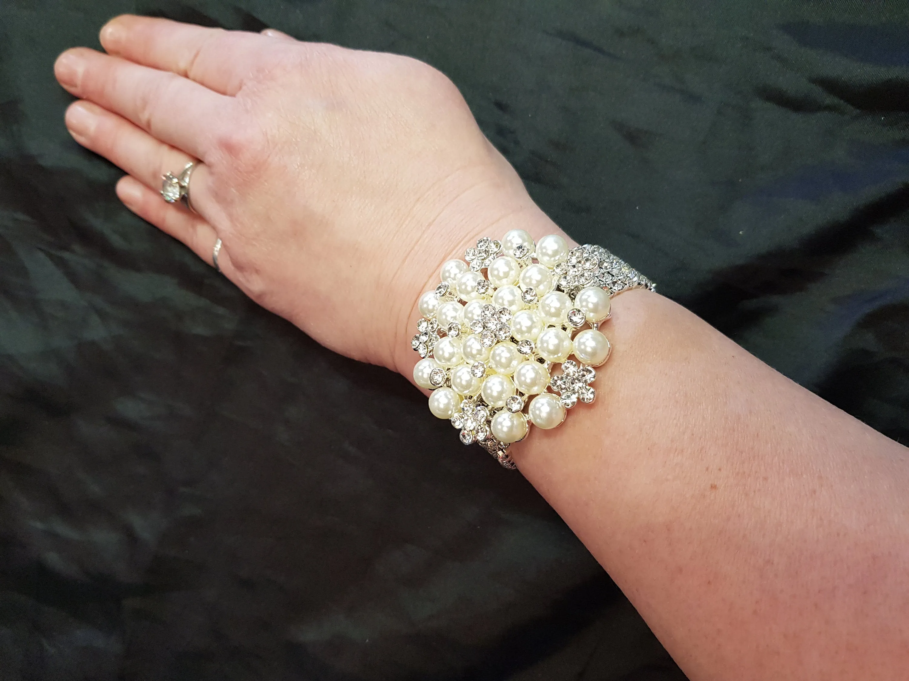 Wrist corsage ,Crystal & Pearl Wedding Cuff, bridesmaid Bracelet,  silver. gold or rose gold tone