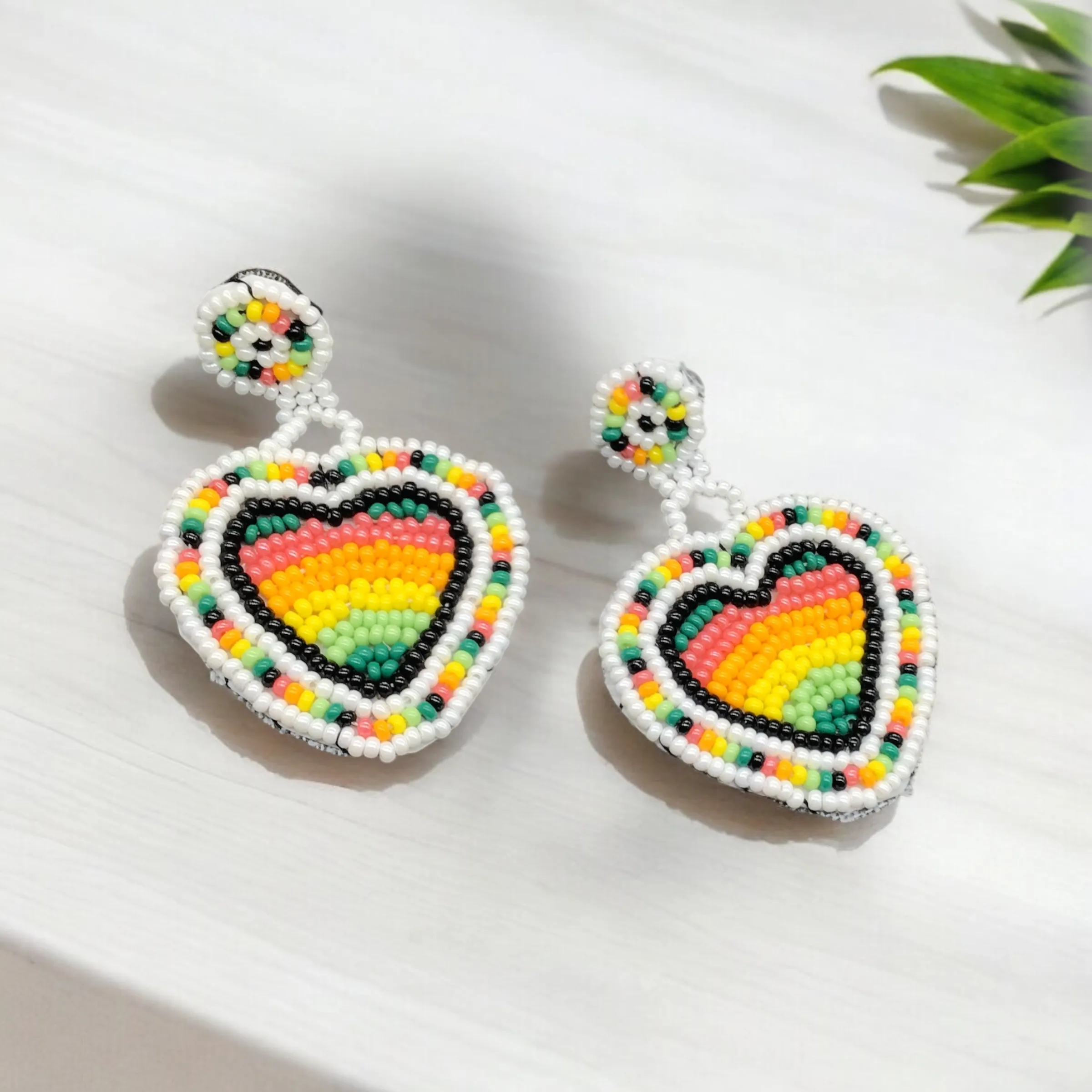 Yellow and green Heart Beaded Earrings