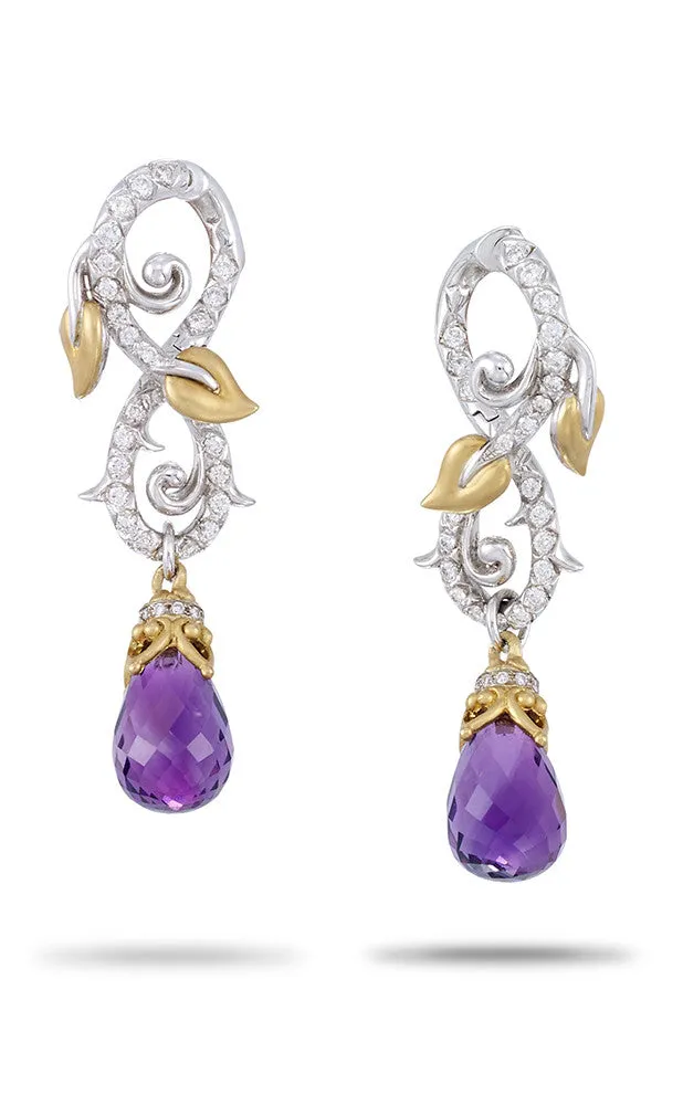 Zen Garden Vine and Leaf Earrings - Diamond & Amethyst 50% non-refundable deposit